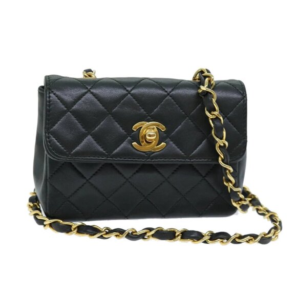 CHANEL Mini Matelasse Turn Lock Chain Bag Lamb Skin Black CC Auth 72435AV - Picture 1 of 15